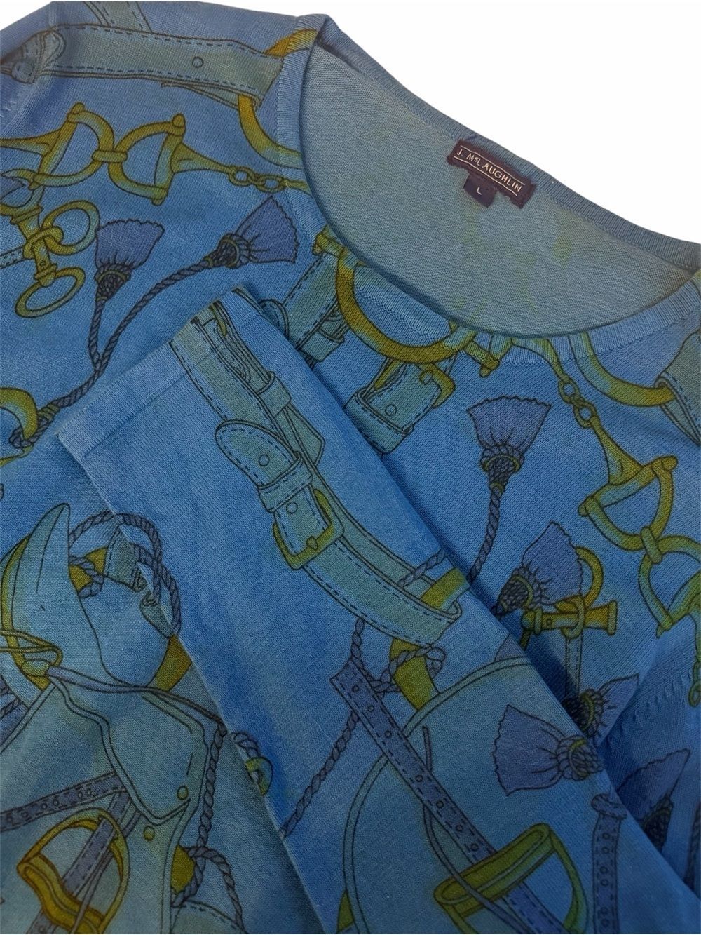 J. McLaughlin Equestrian Print Lightweight Sweater Large Blue Gold Horse Saddle